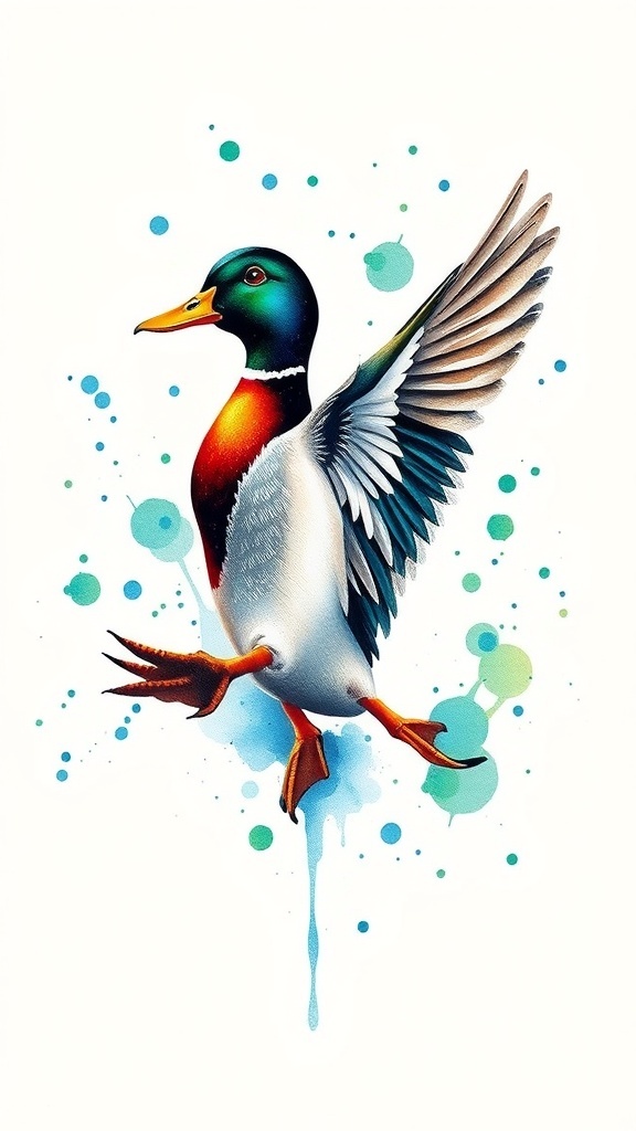 Duck Tattoo Designs Colorful watercolor tattoo of a duck in flight with abstract background.